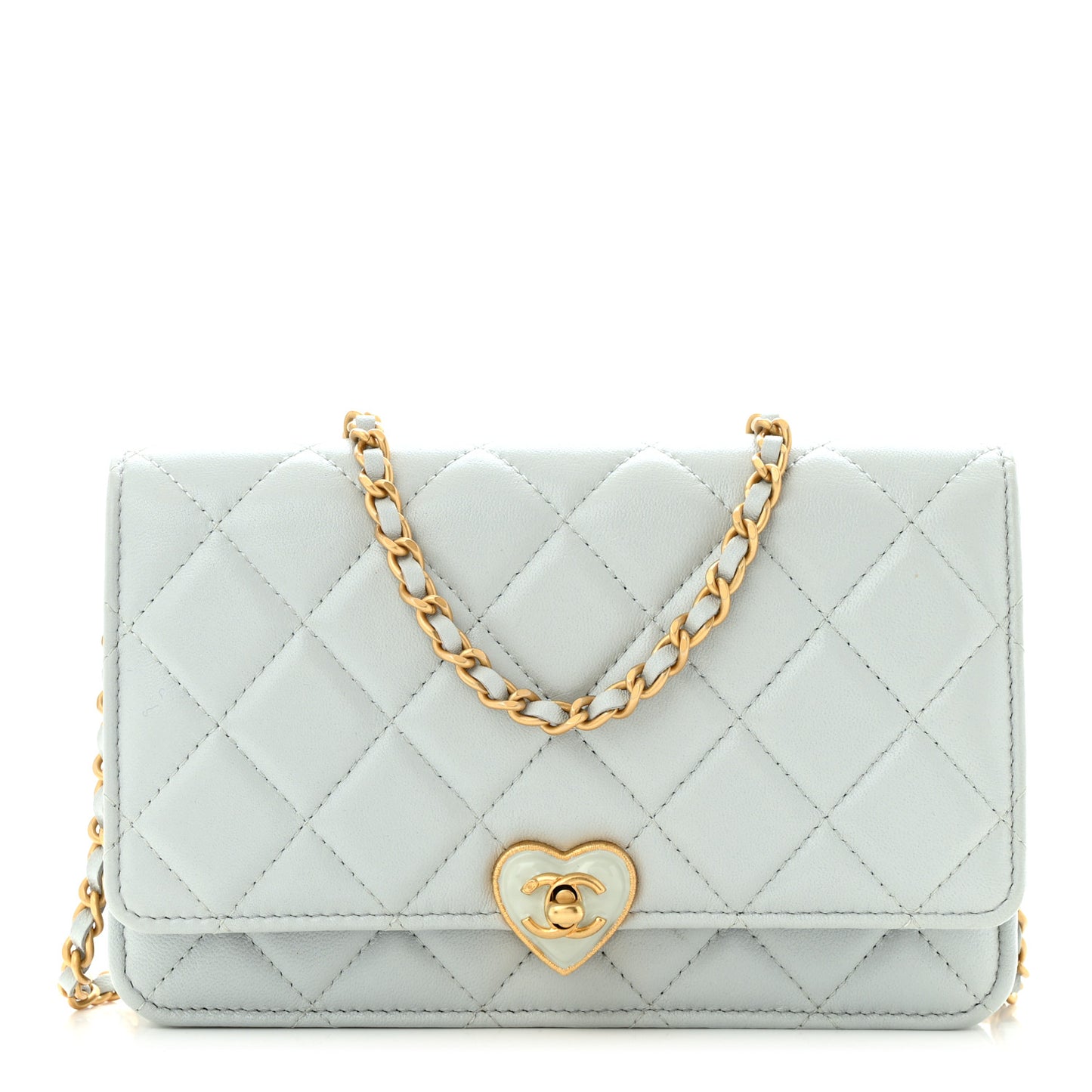 Lambskin Plexiglass Quilted Coco Love Wallet On Chain WOC Light Blue