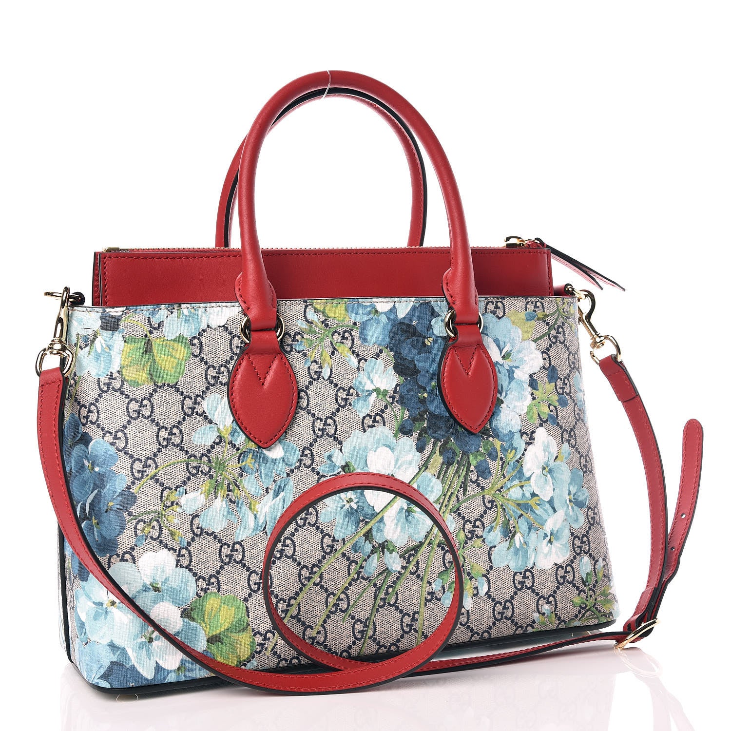 Gucci GG Supreme Monogram Blooms Medium Zip Top Tote Beige Blue Navy Hibiscus Red 3 of 9