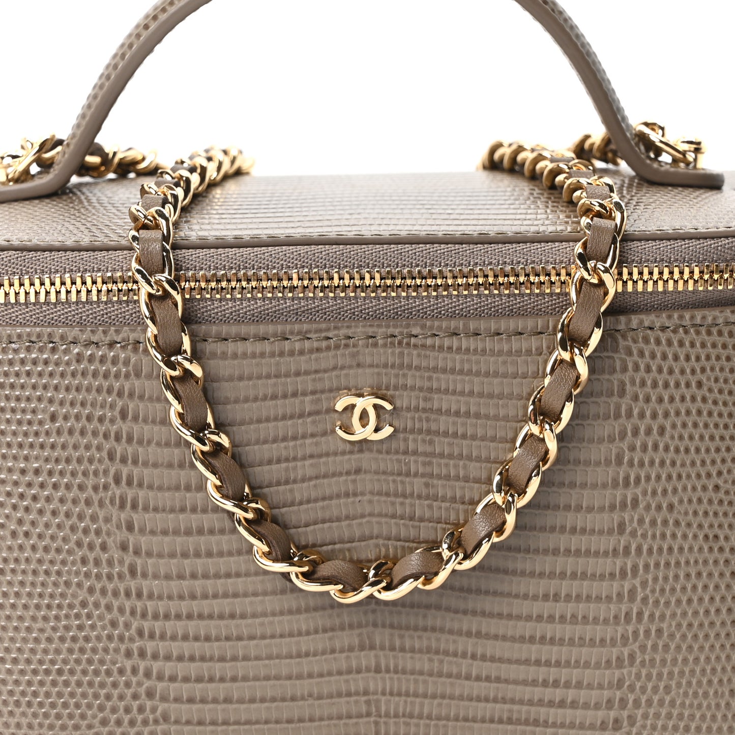 Calfskin Lizard Embossed Top Handle Vanity With Chain Dark Khaki