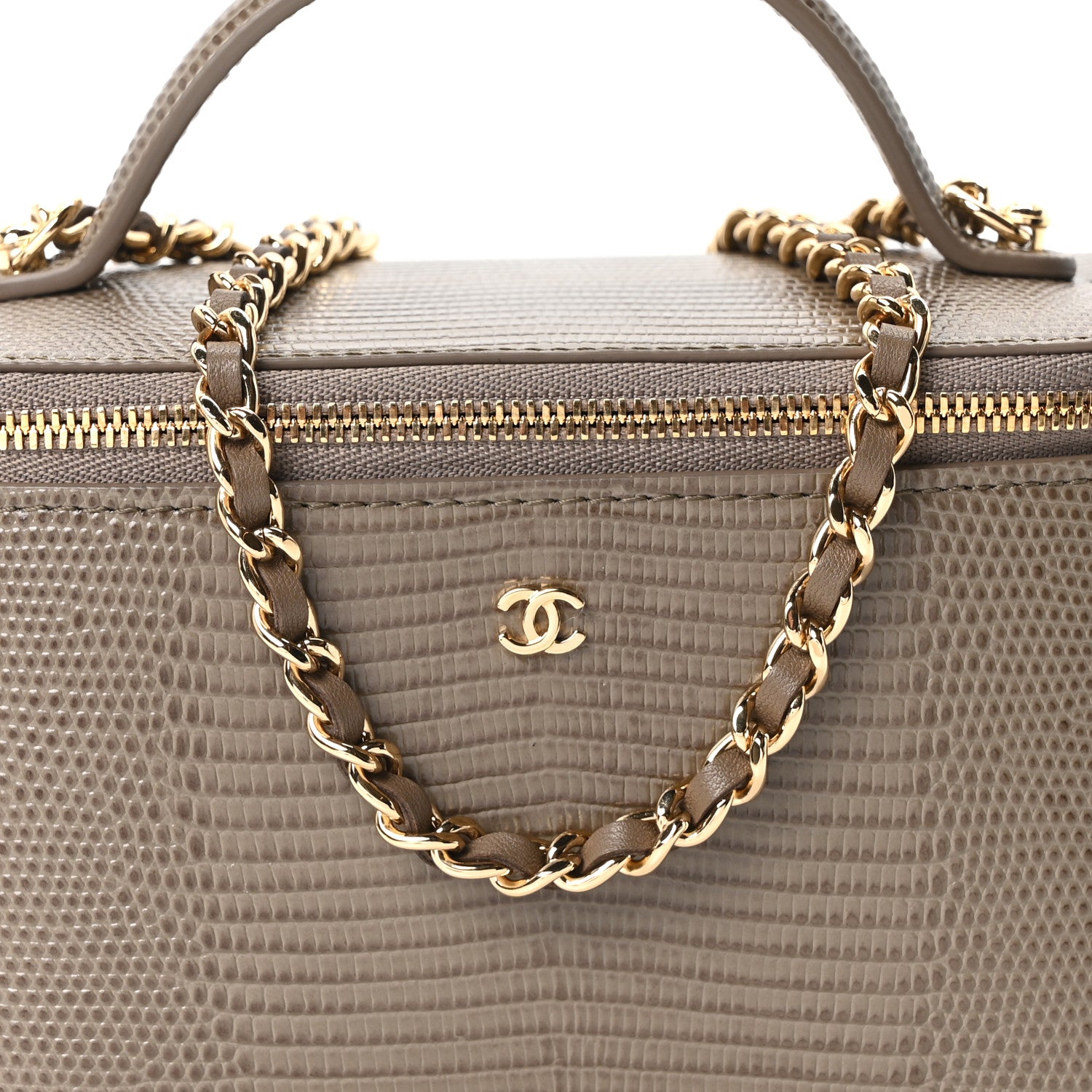 Chanel Calfskin Lizard Embossed Top Handle Vanity With Chain Dark Khaki 8 of 11