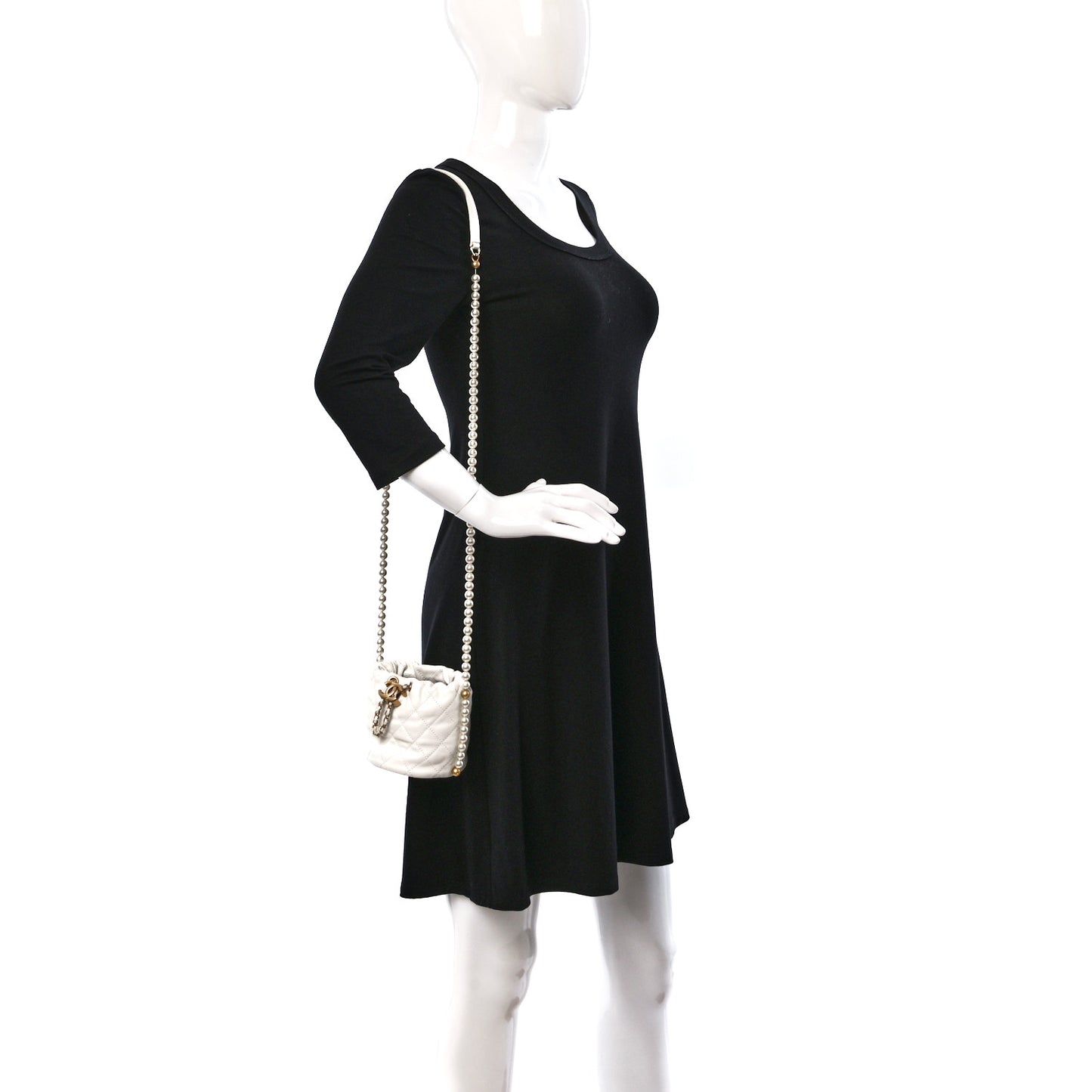 Calfskin Quilted Pearl Mini About Pearls Drawstring Bucket Bag White