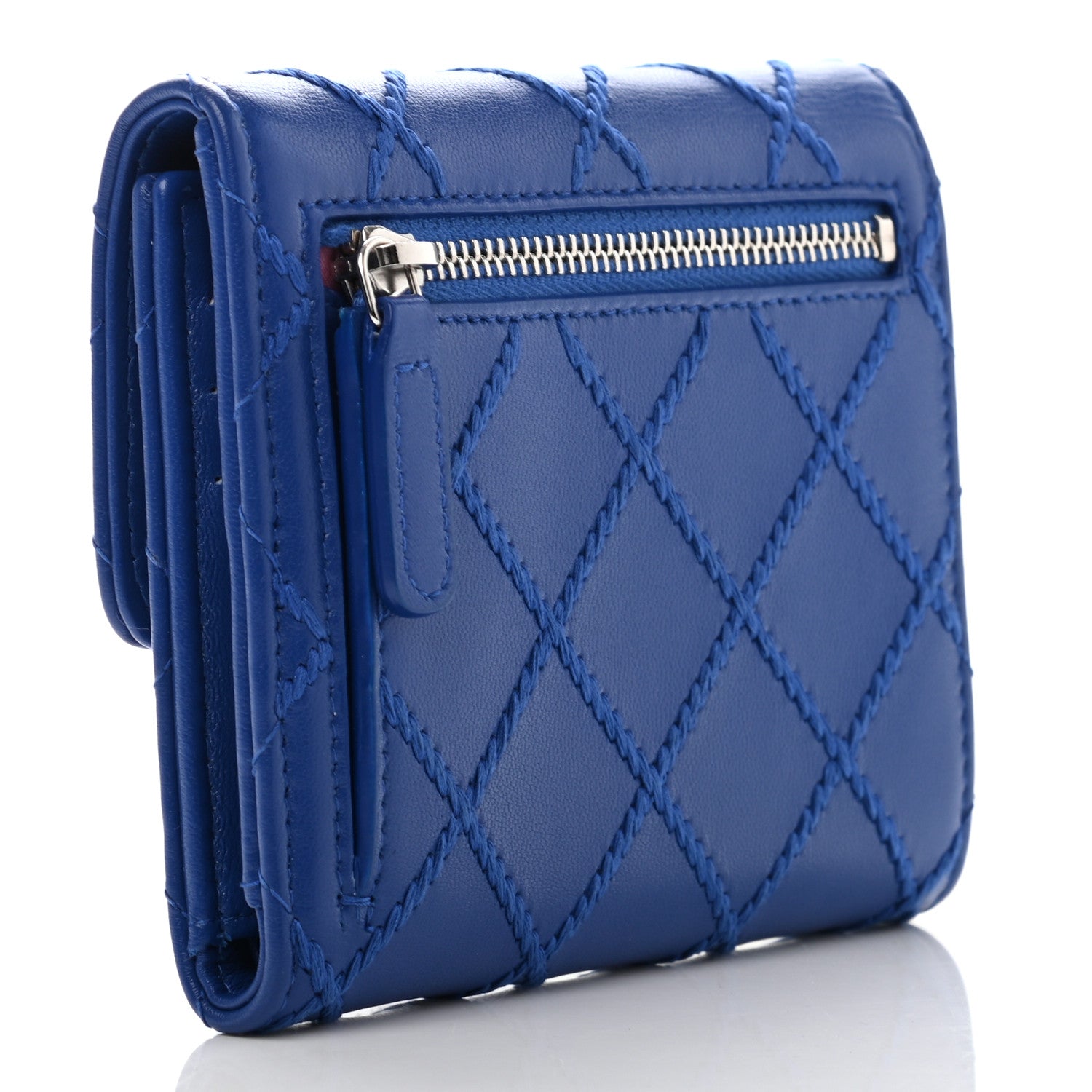 Chanel Calfskin Stitched Fancy CC Compact Flap Wallet Blue 3 of 12