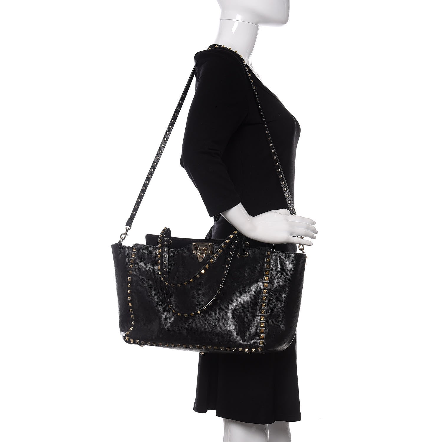 Valentino Garavani Textured Calfskin Medium Rockstud Tote Black 3 of 13