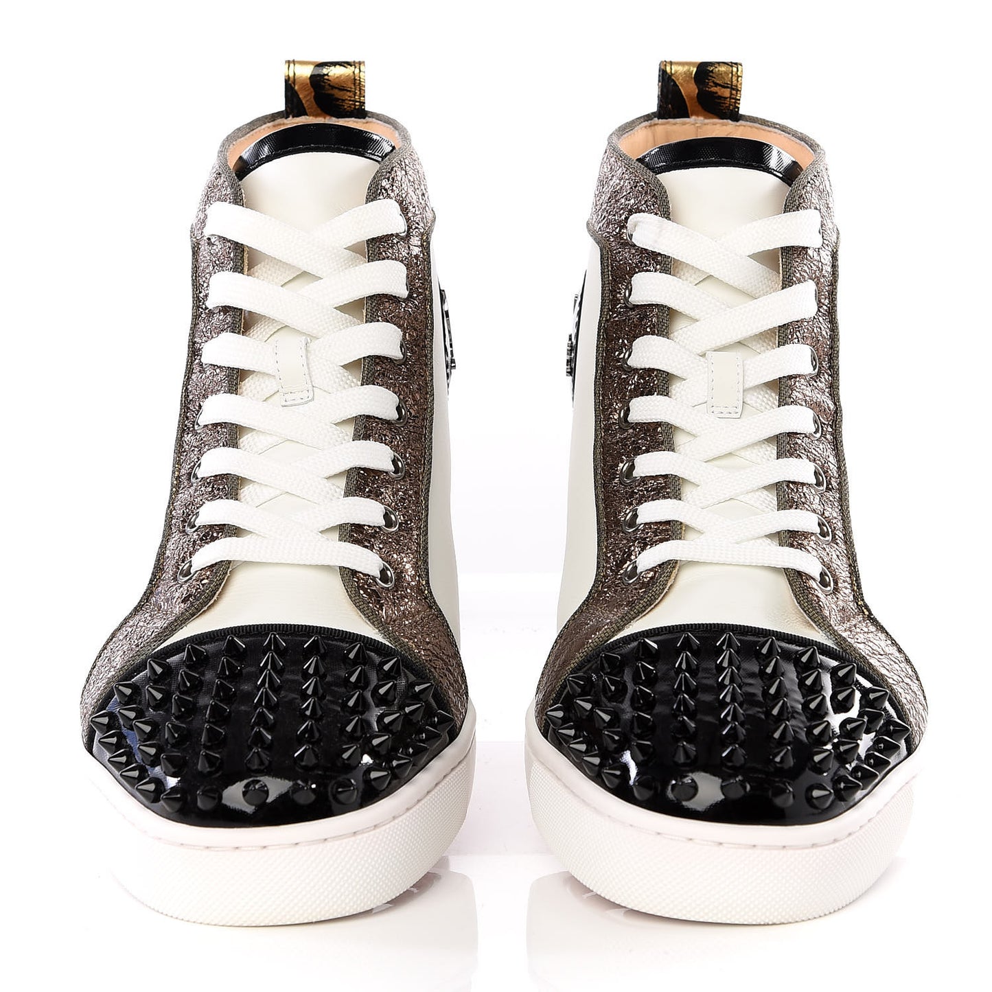 Calfskin Patent Lame Hibiscus Mens Louis Spikes High Top Sneaker 41.5 Black Gold White