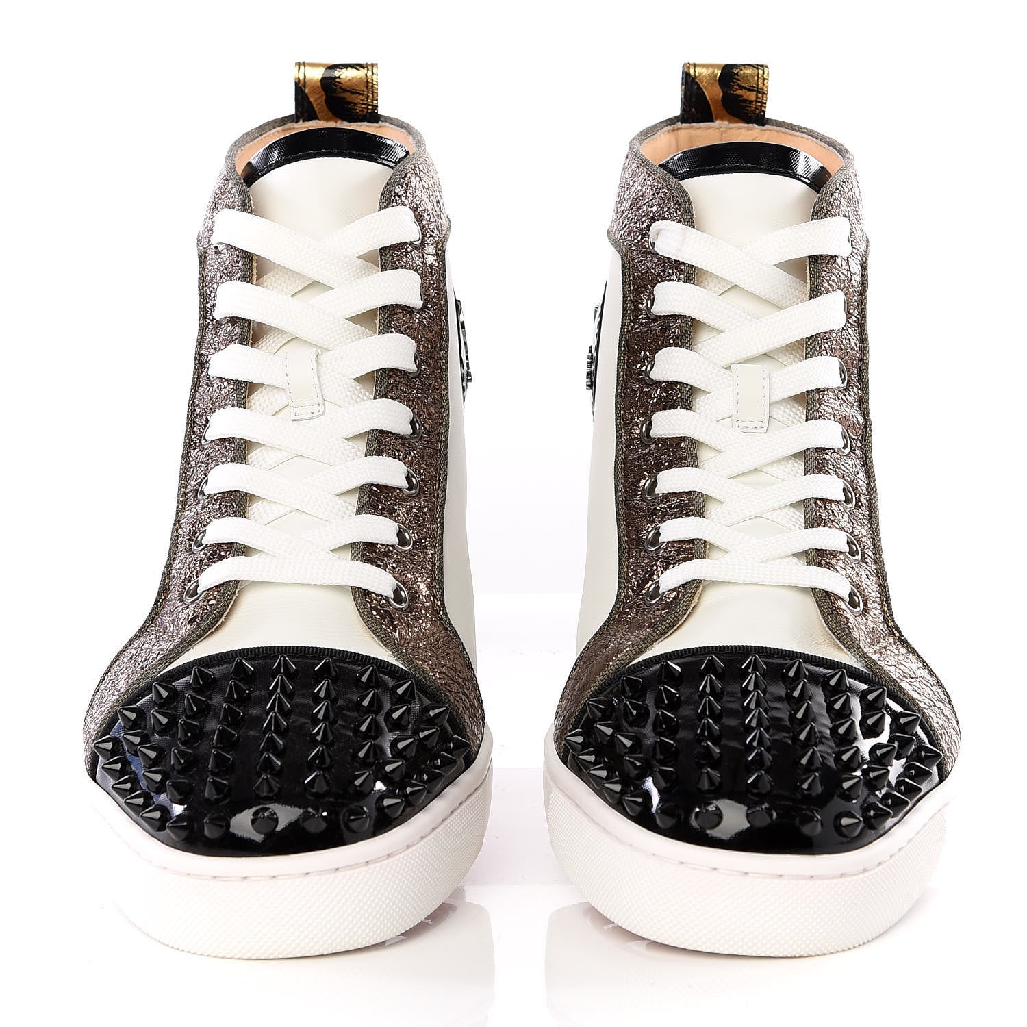 Christian Louboutin Calfskin Patent Lame Hibiscus Mens Louis Spikes High Top Sneaker 41.5 Black Gold White 5 of 10