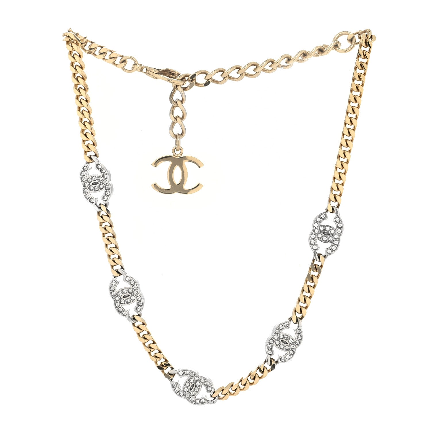 Chanel Crystal Chain CC Link Choker Gold Silver 3 of 5