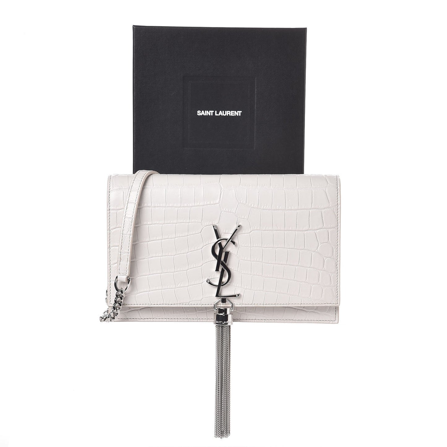 Calfskin Crocodile Embossed Kate Monogram Tassel Chain Wallet Cremasoft