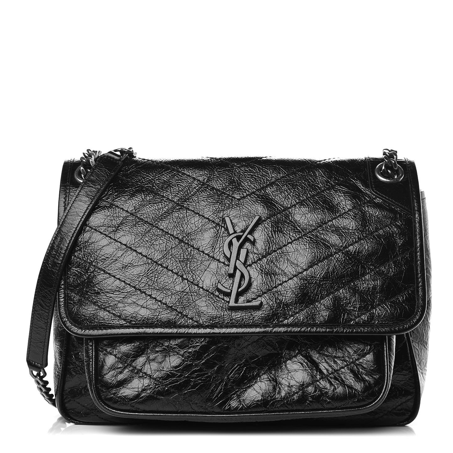 Crinkled Calfskin Matelasse Monogram Medium Niki Chain Satchel Black