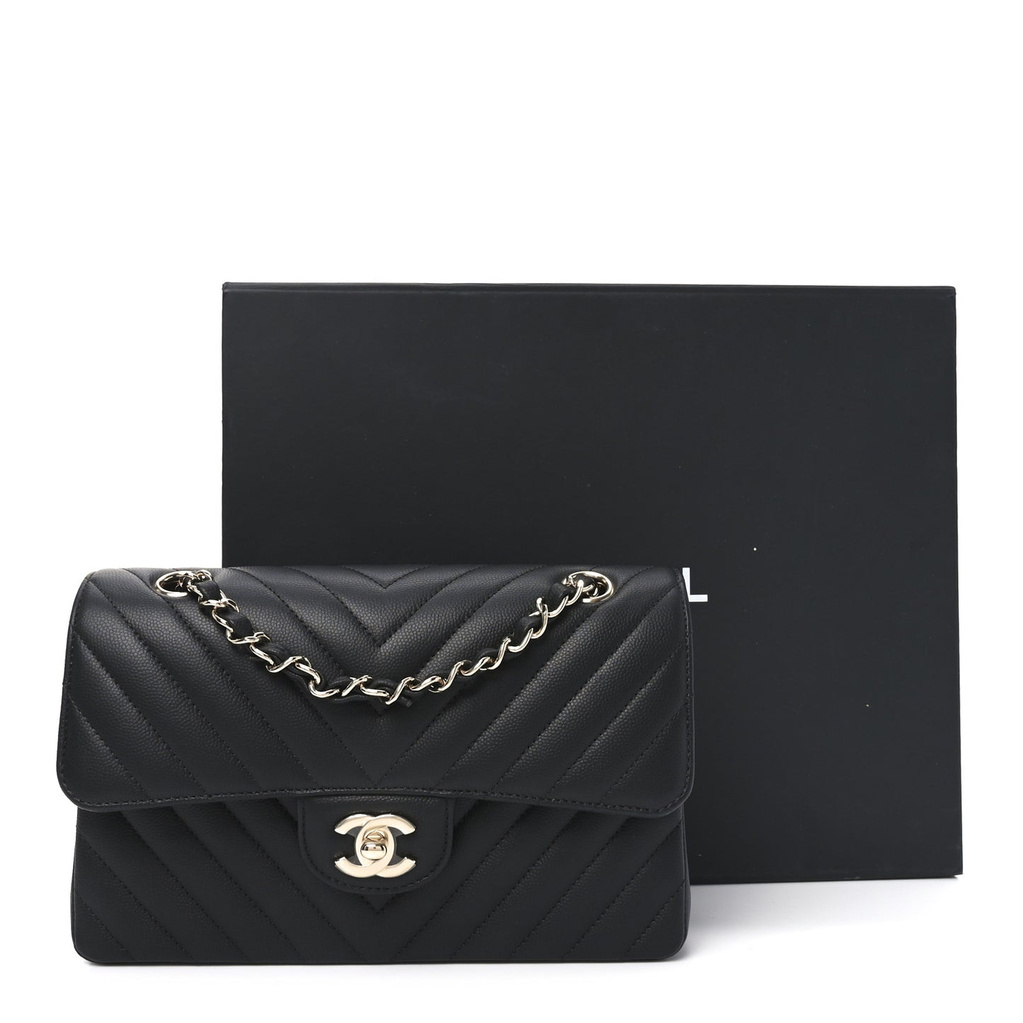Caviar Chevron Quilted Small Double Flap Black