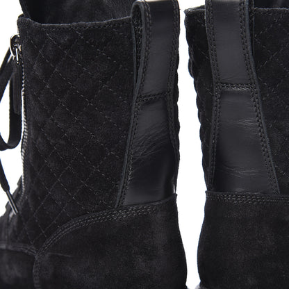 Chanel Suede Quilted CC Lace Up Combat Boots 37 Black 12 of 15