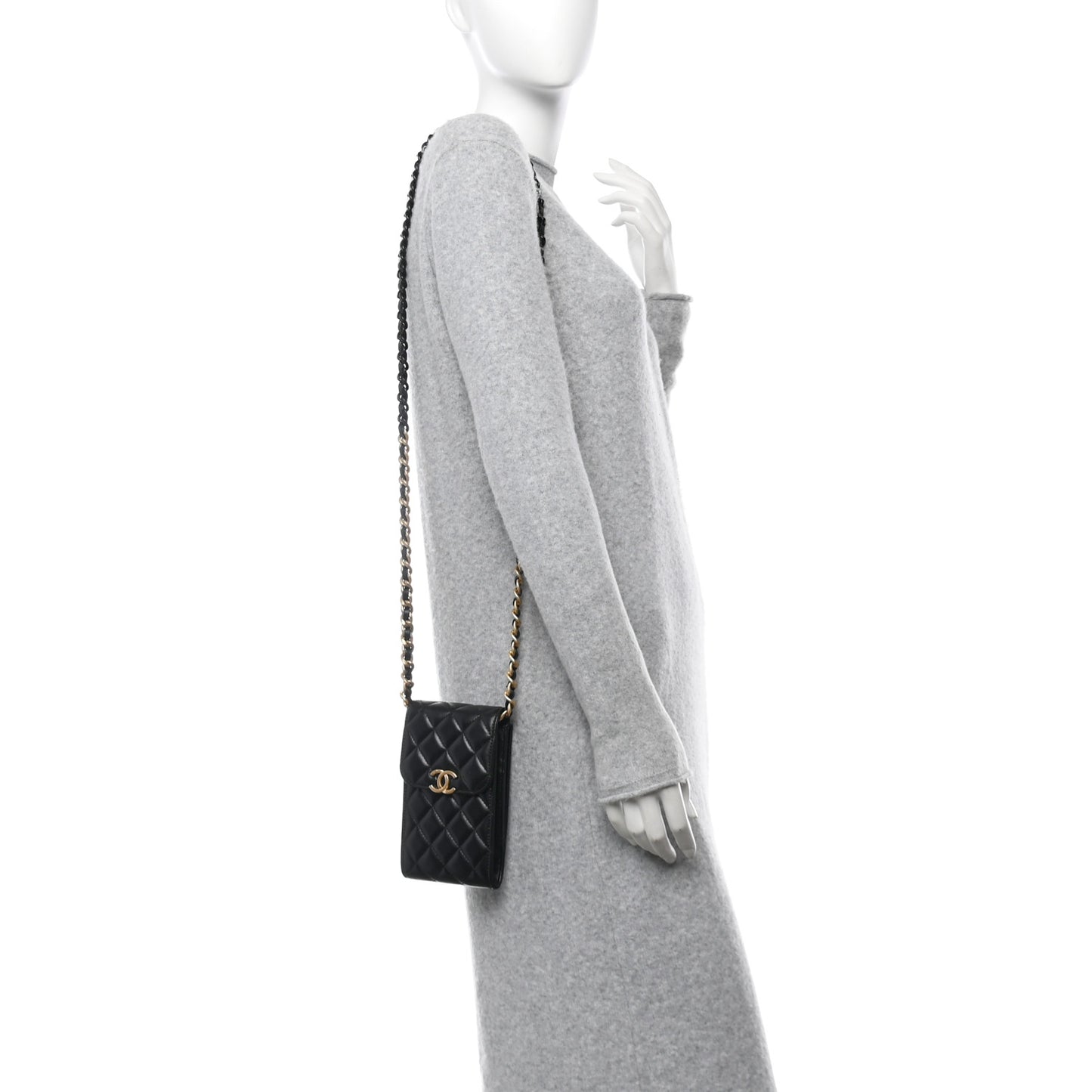 Lambskin Quilted Lacquered Chain Phone Holder With Chain Black