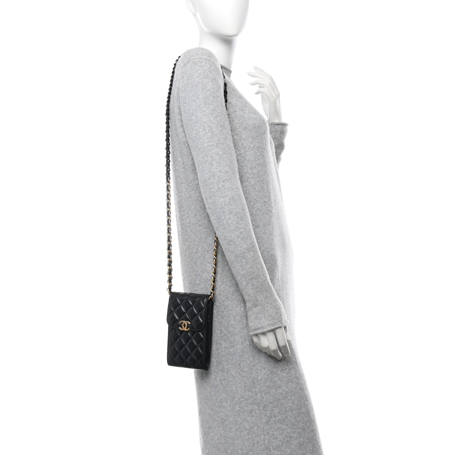 Chanel Lambskin Quilted Lacquered Chain Phone Holder With Chain Black 2 of 12