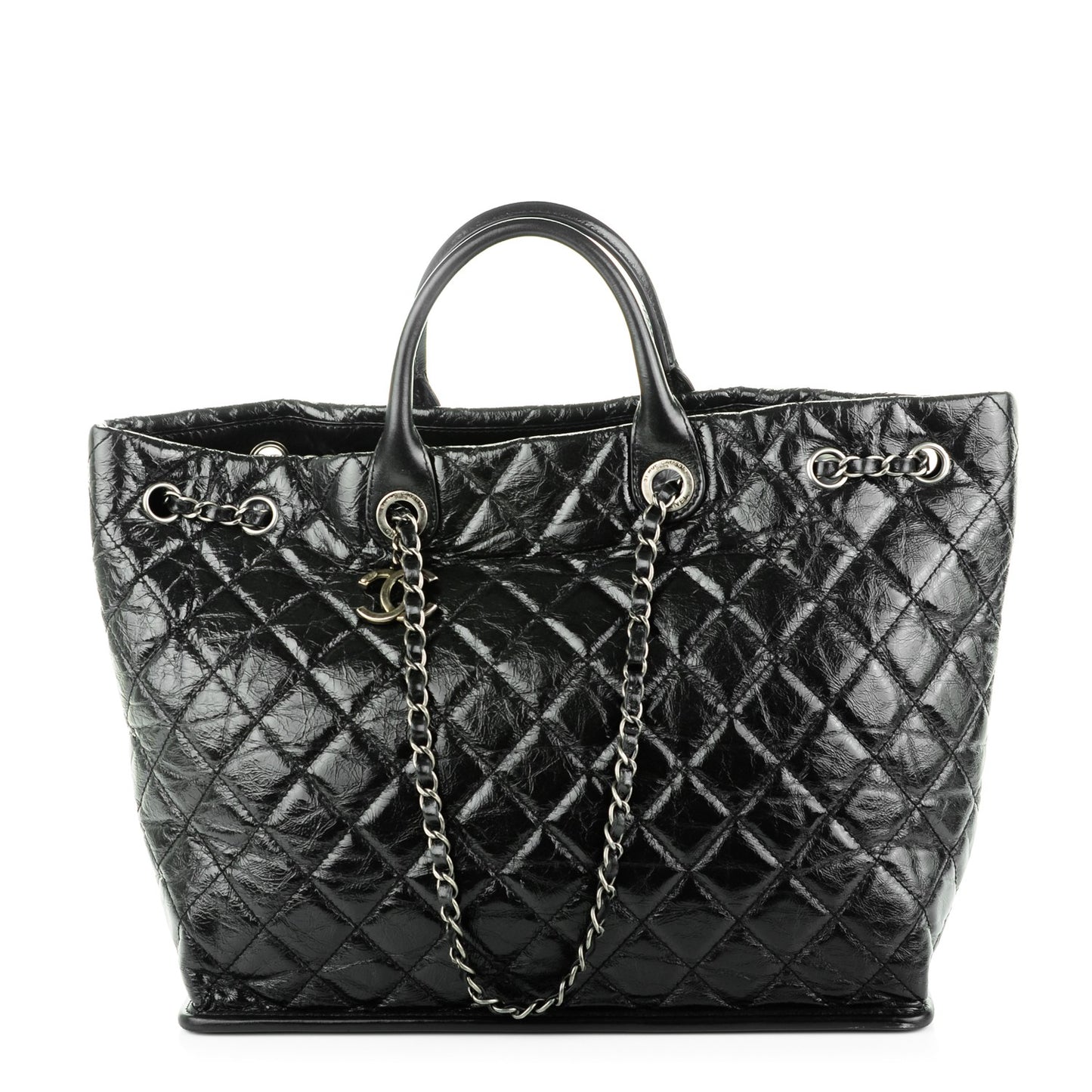 Glazed Calfskin Quilted Drawstring Shopping Tote Black