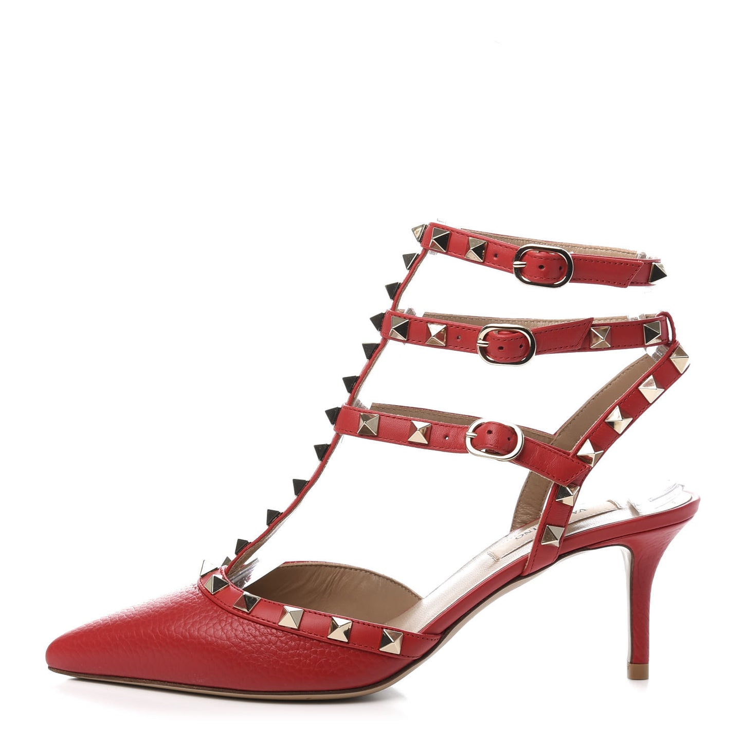 Pebbled Calfskin Rockstud Ankle Strap Low Heel Pumps 37 Rosso
