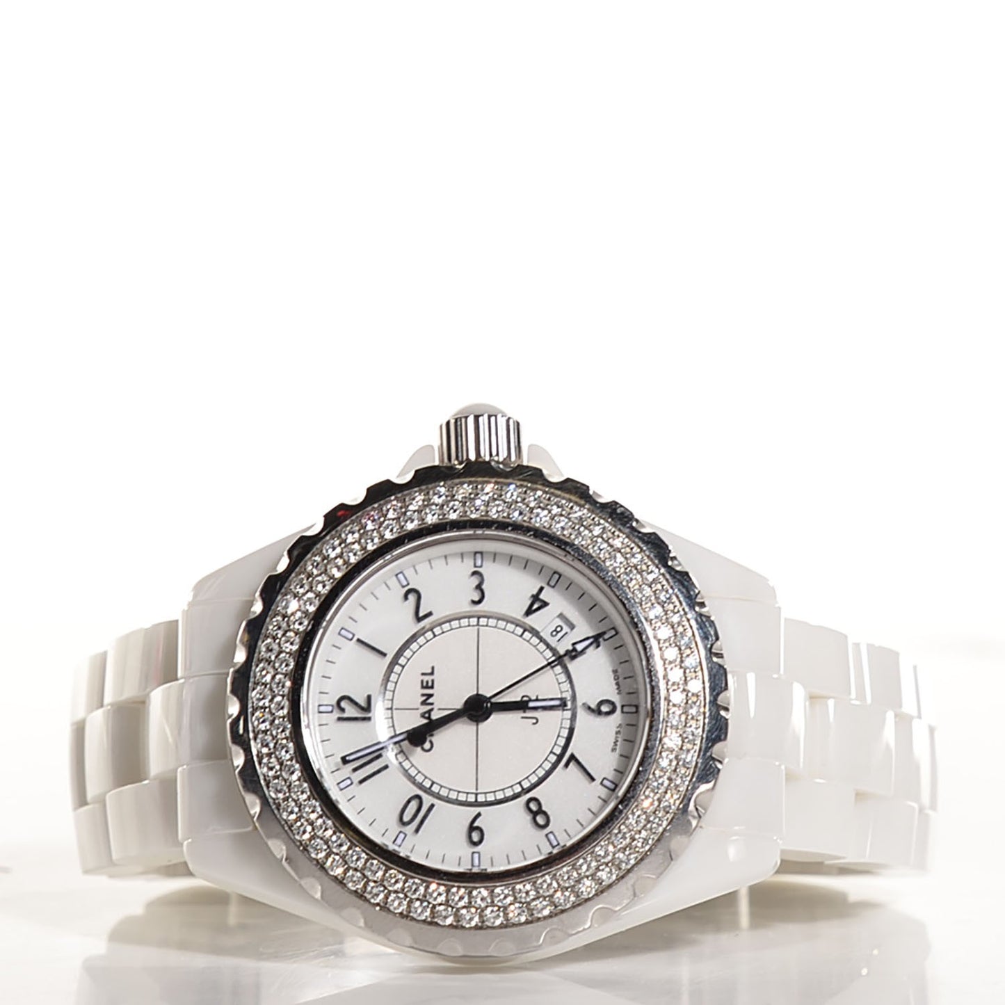 Stainless Steel Ceramic Diamond Pave Bezel 33mm J12 Quartz Watch White