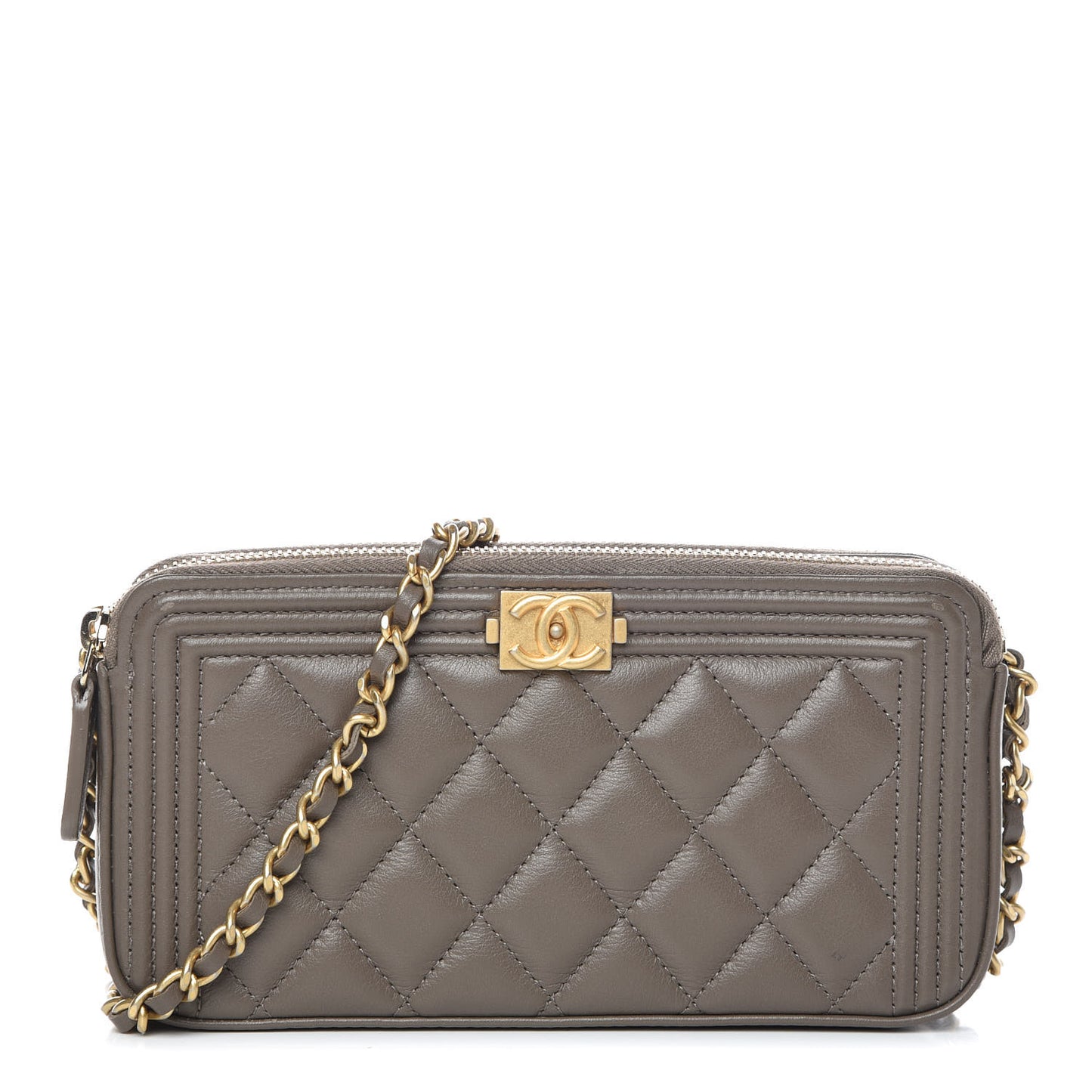 Calfskin Quilted Small Boy Clutch With Chain Khaki