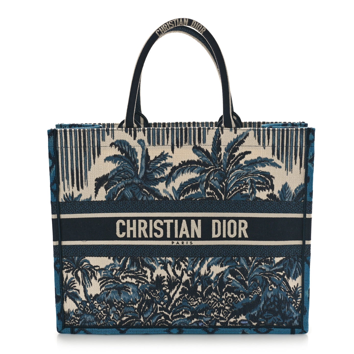 CHRISTIAN DIOR Canvas Embroidered Large Palm Tree Toile De Jouy Book Tote Blue Multicolor