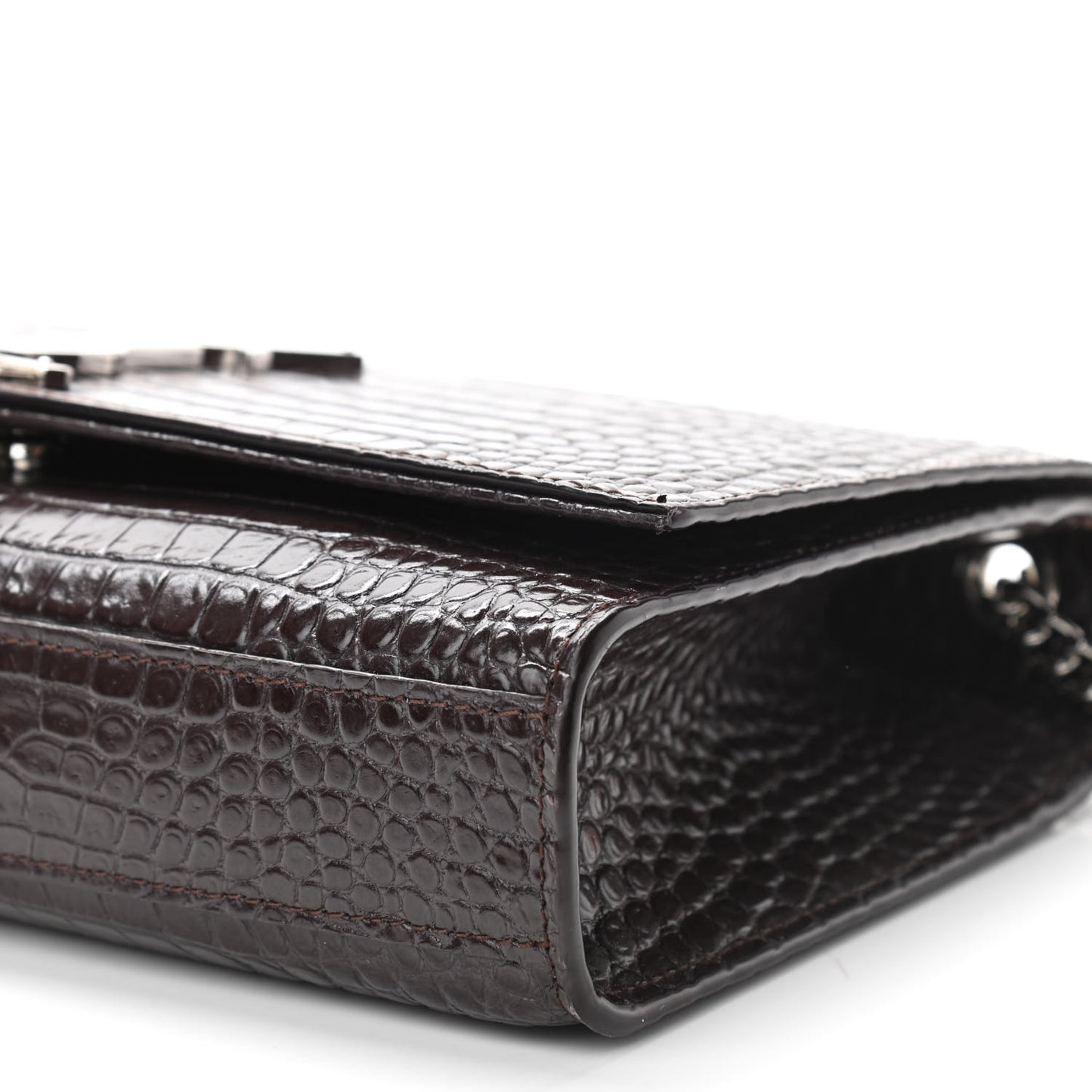 Calfskin Crocodile Embossed Medium Classic Monogram Kate Tassel Satchel Dark Brown