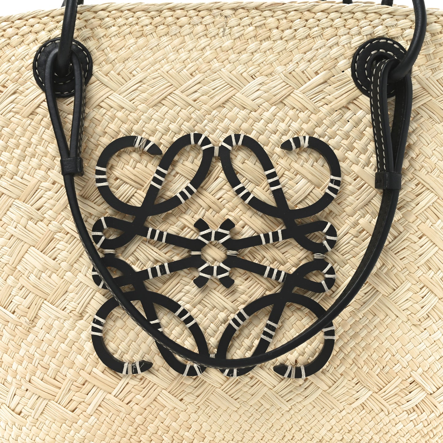 Calfskin Raffia Paulas Ibiza Medium Anagram Basket Tote Bag Natural Black