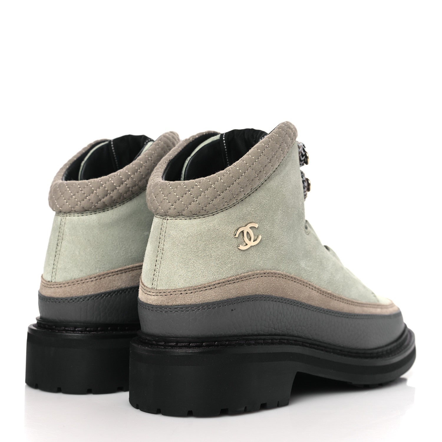 Chanel Suede Grained Calfskin CC Lace Up Boots 39 Light Green Dark Beige Gray 4 of 8