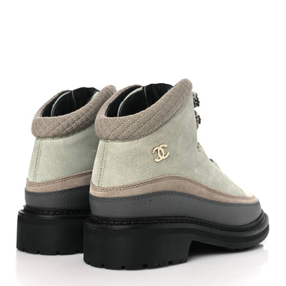 Chanel Suede Grained Calfskin CC Lace Up Boots 39 Light Green Dark Beige Gray 4 of 8