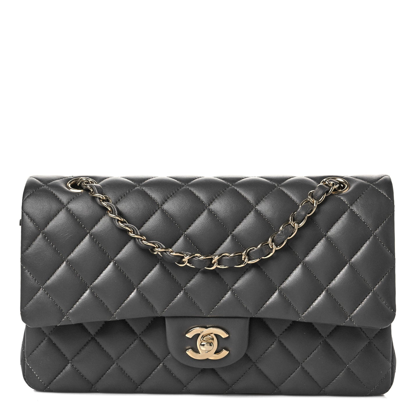 Lambskin Quilted Medium Double Flap Dark Grey