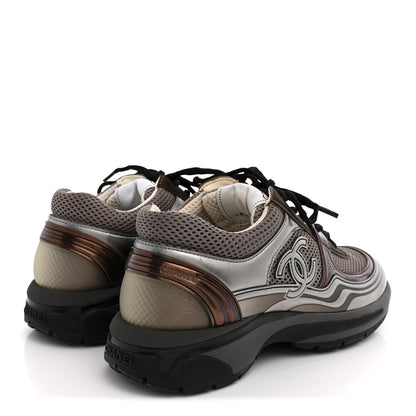 Chanel Fabric Laminated Calfskin Stretch CC Womens Sneakers 37.5 Khaki Silver Dark Purple 5 of 11