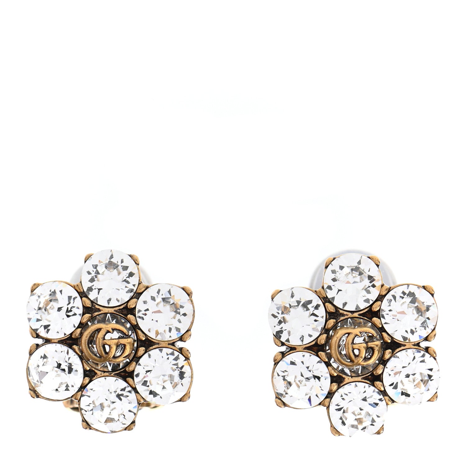 Gucci Metal Crystal Double G Clip On Earrings Aged Gold 1 of 5