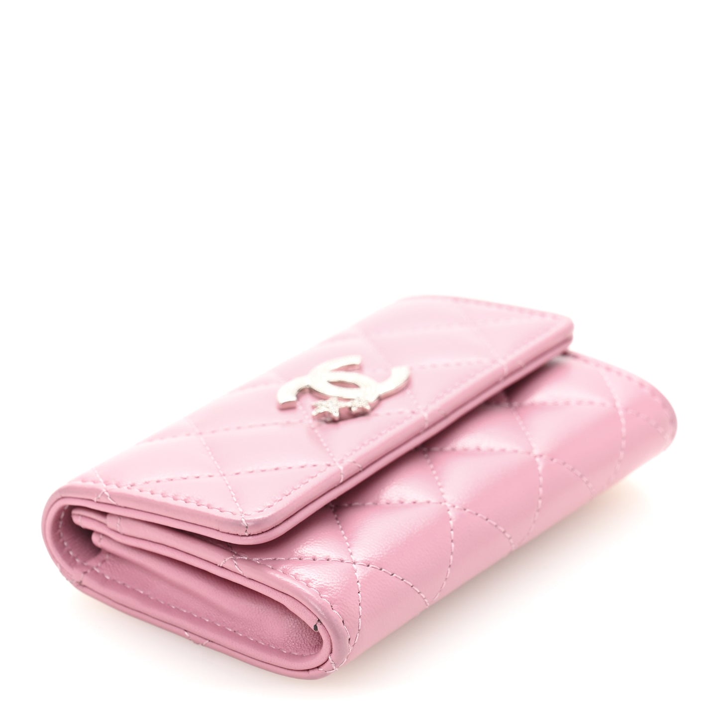 Lambskin Quilted Flap Crystal Star Card Holder Wallet Pink