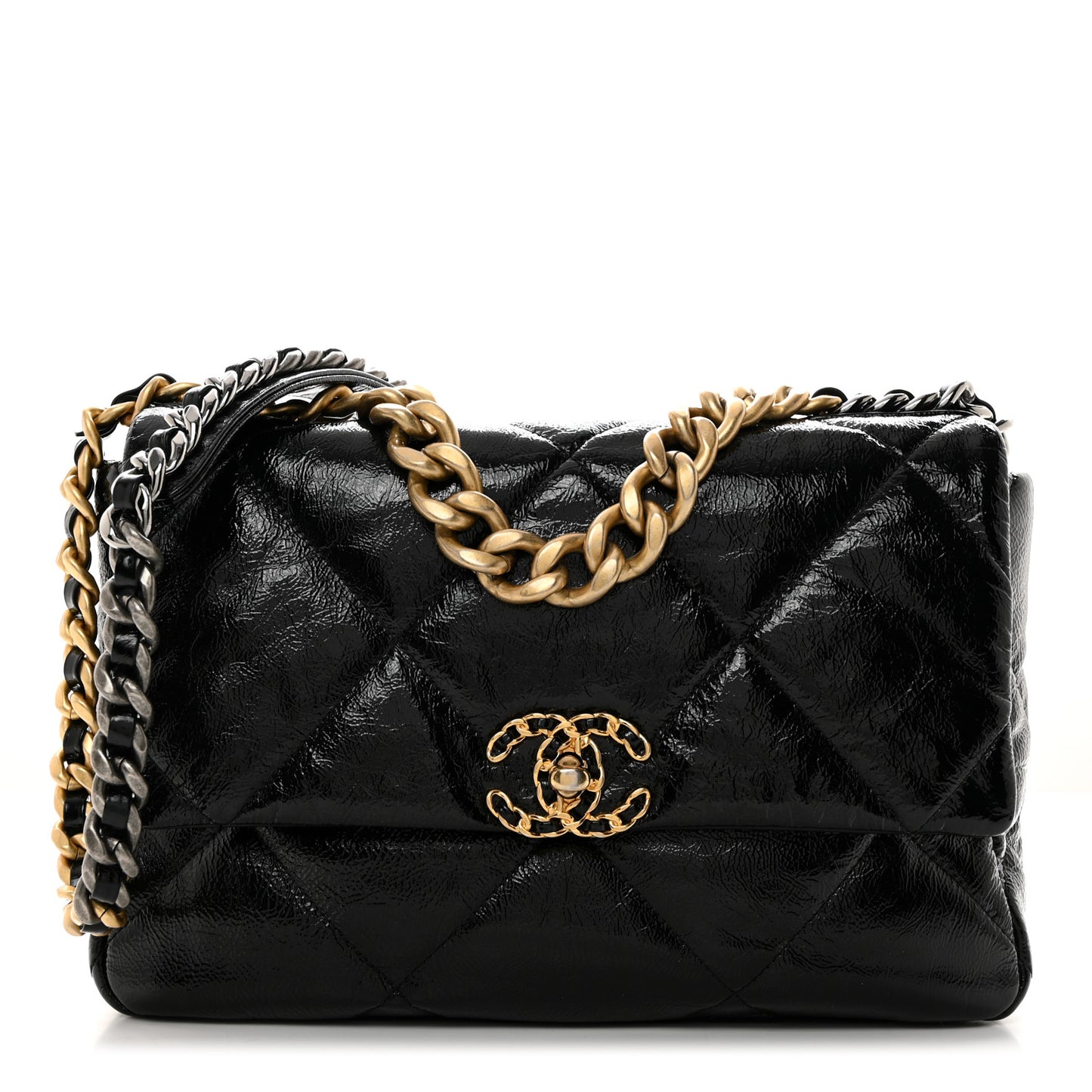 Shiny Crumpled Calfskin Quilted Large Chanel 19 Flap Black