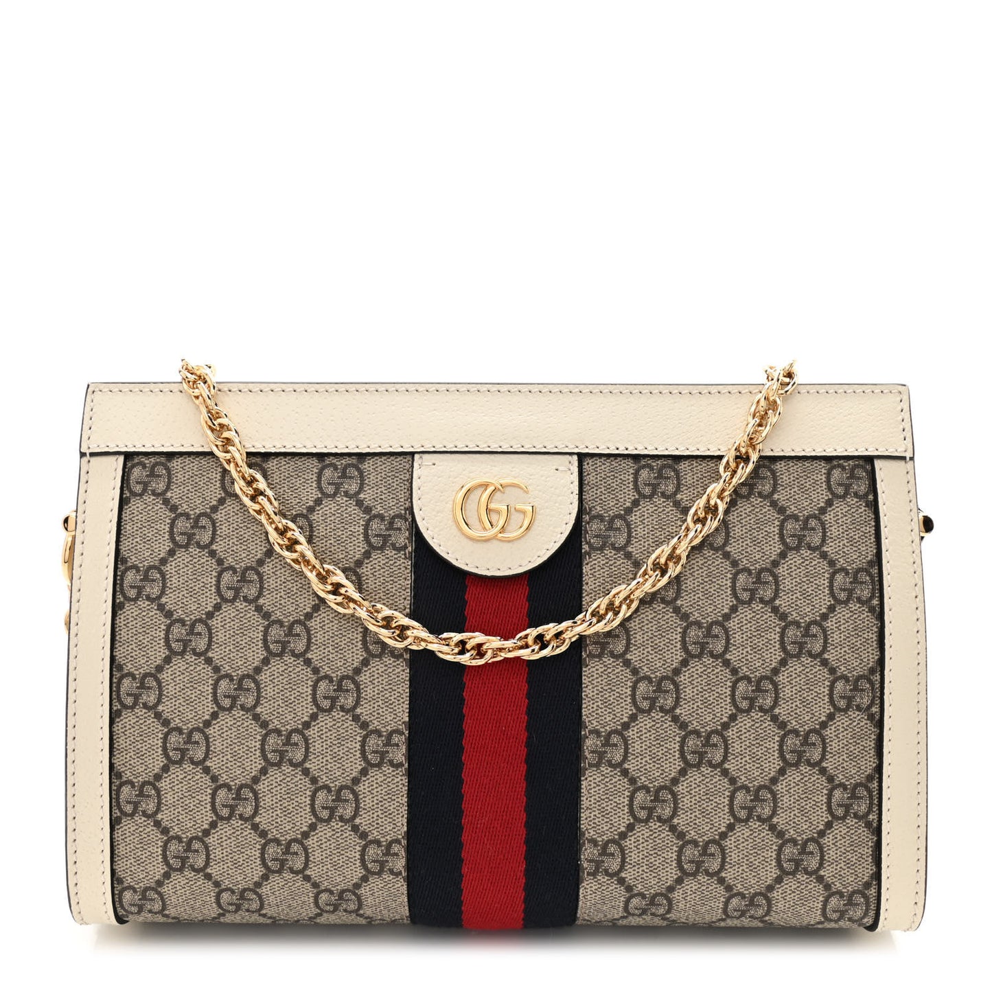 GG Supreme Monogram Textured Calfskin Web Small Ophidia Chain Shoulder Bag Beige Ebony Mystic White