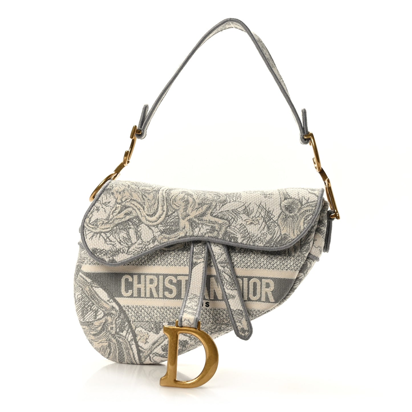 Canvas Embroidered Toile de Jouy Saddle Bag Gray