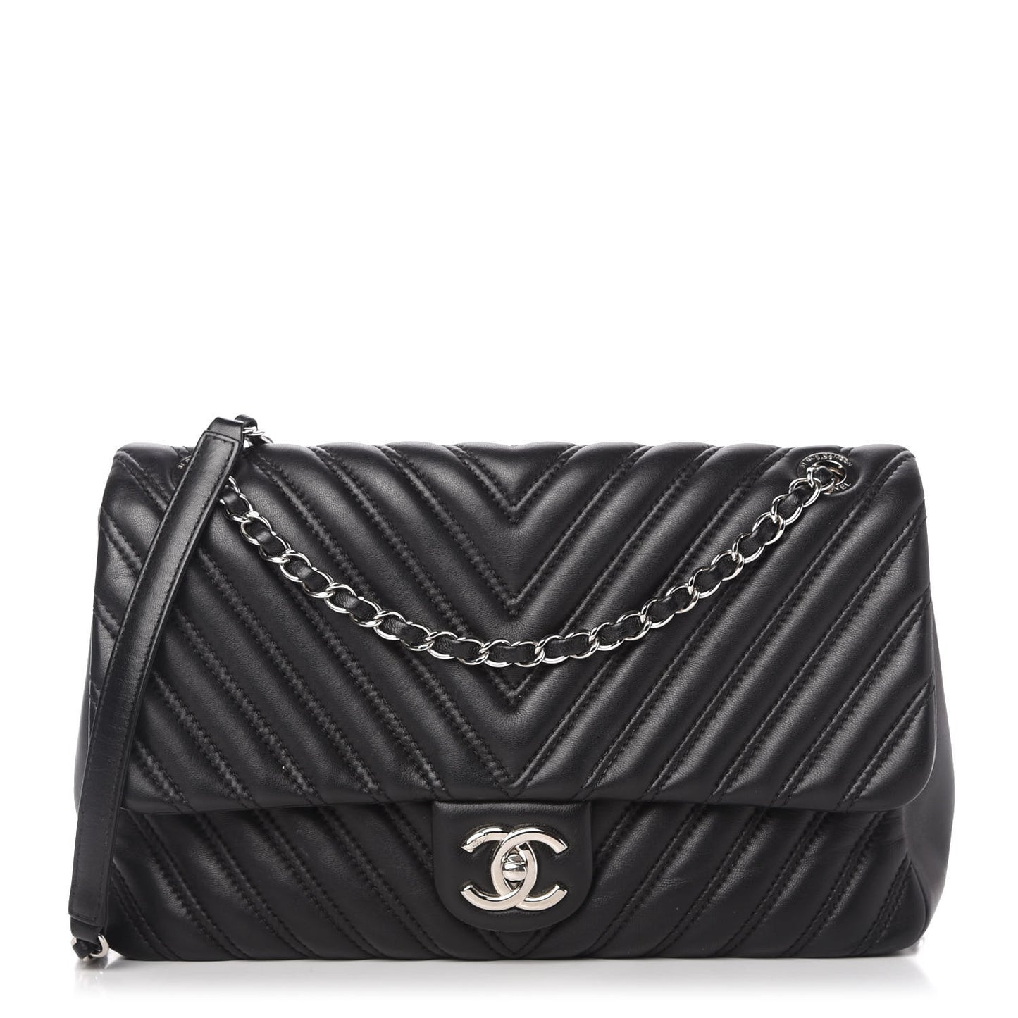 Lambskin Chevron Quilted Double Stitch Jumbo Single Flap Black