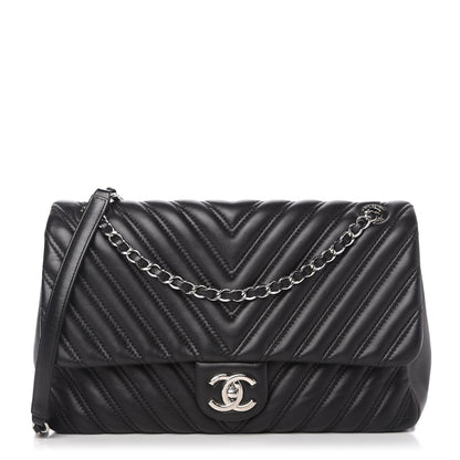 Chanel Lambskin Chevron Quilted Double Stitch Jumbo Single Flap Black 1 of 10