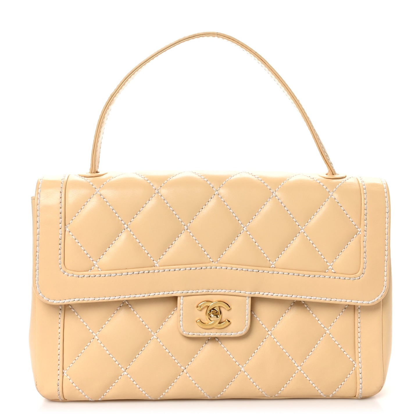 Calfskin Quilted Wild Stitch Large Flap Beige