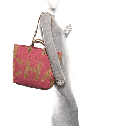 Chanel Woven Straw Raffia Logo Tote Pink Beige 2 of 10