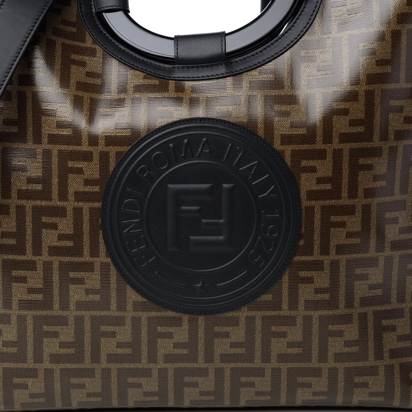 Glazed Fabric Vitello Century Plexiglass FF 1974 Stamp Patch Medium Runaway Shopper Tote Mogano Panna Black