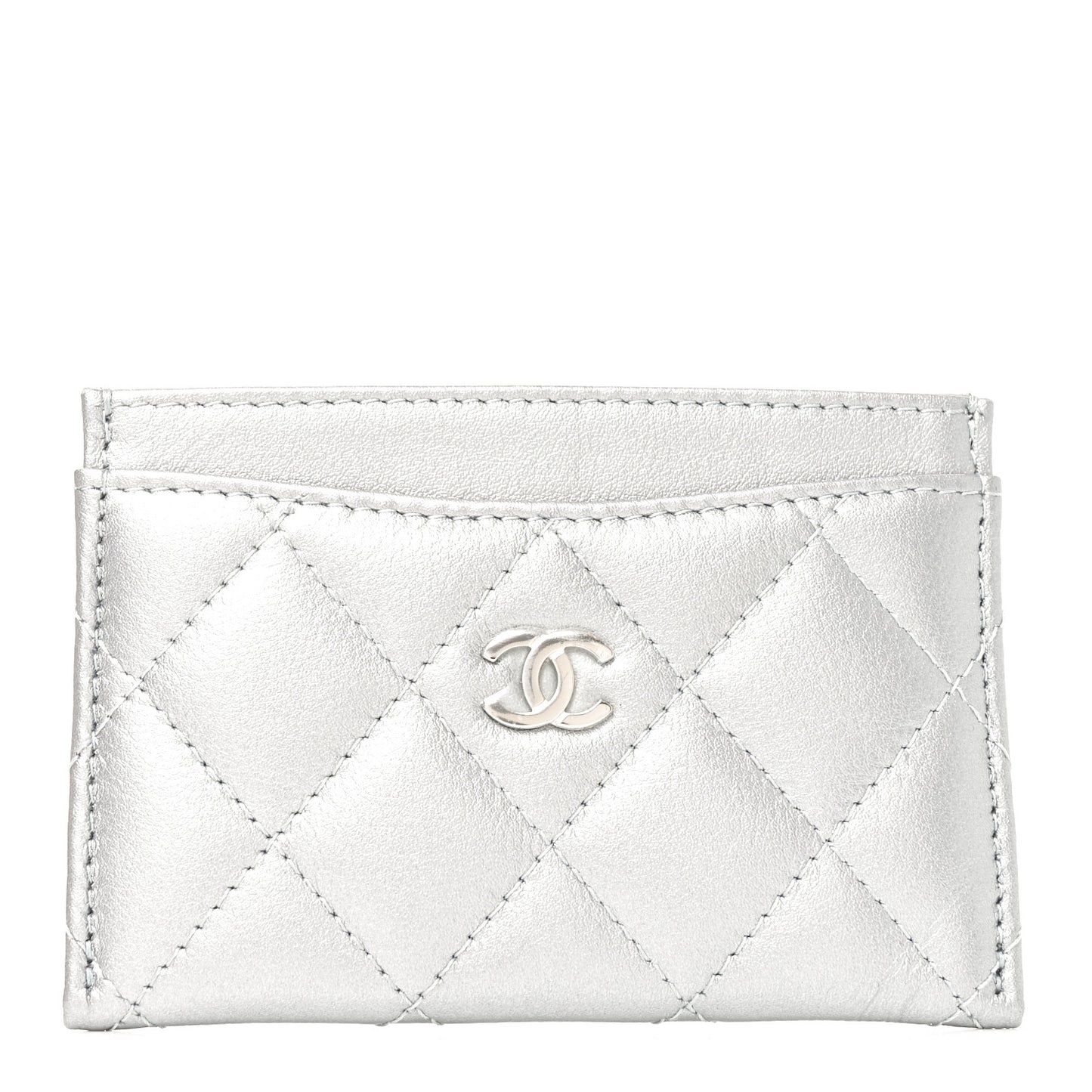 Metallic Lambskin Quilted CC Card Holder Silver