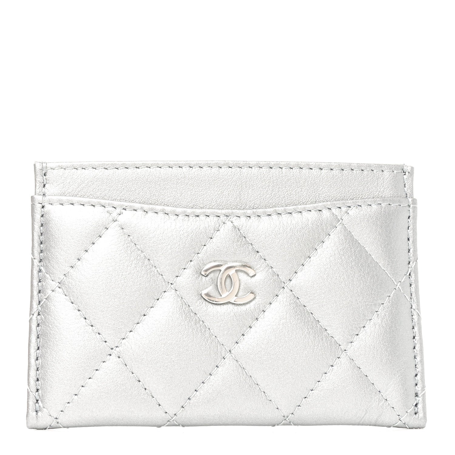 Chanel Metallic Lambskin Quilted CC Card Holder Silver 1 of 9
