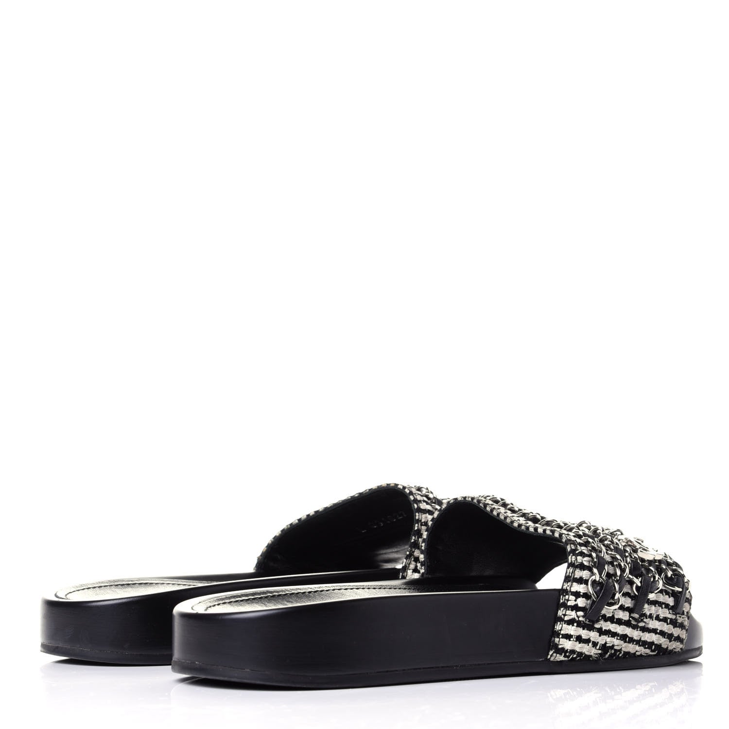 Chanel Tweed Lambskin Chain Flat Sandals 36 White Black 3 of 10