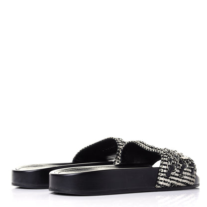 Chanel Tweed Lambskin Chain Flat Sandals 36 White Black 3 of 10