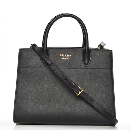 Prada Saffiano City Calfskin Medium Bibliothèque Top Handle Nero Black Bianco 1 of 6