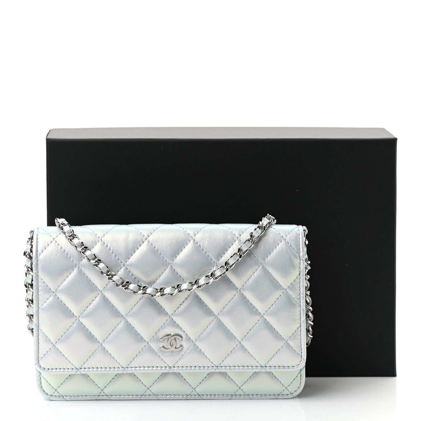 Iridescent Calfskin Quilted Wallet On Chain WOC Light Blue