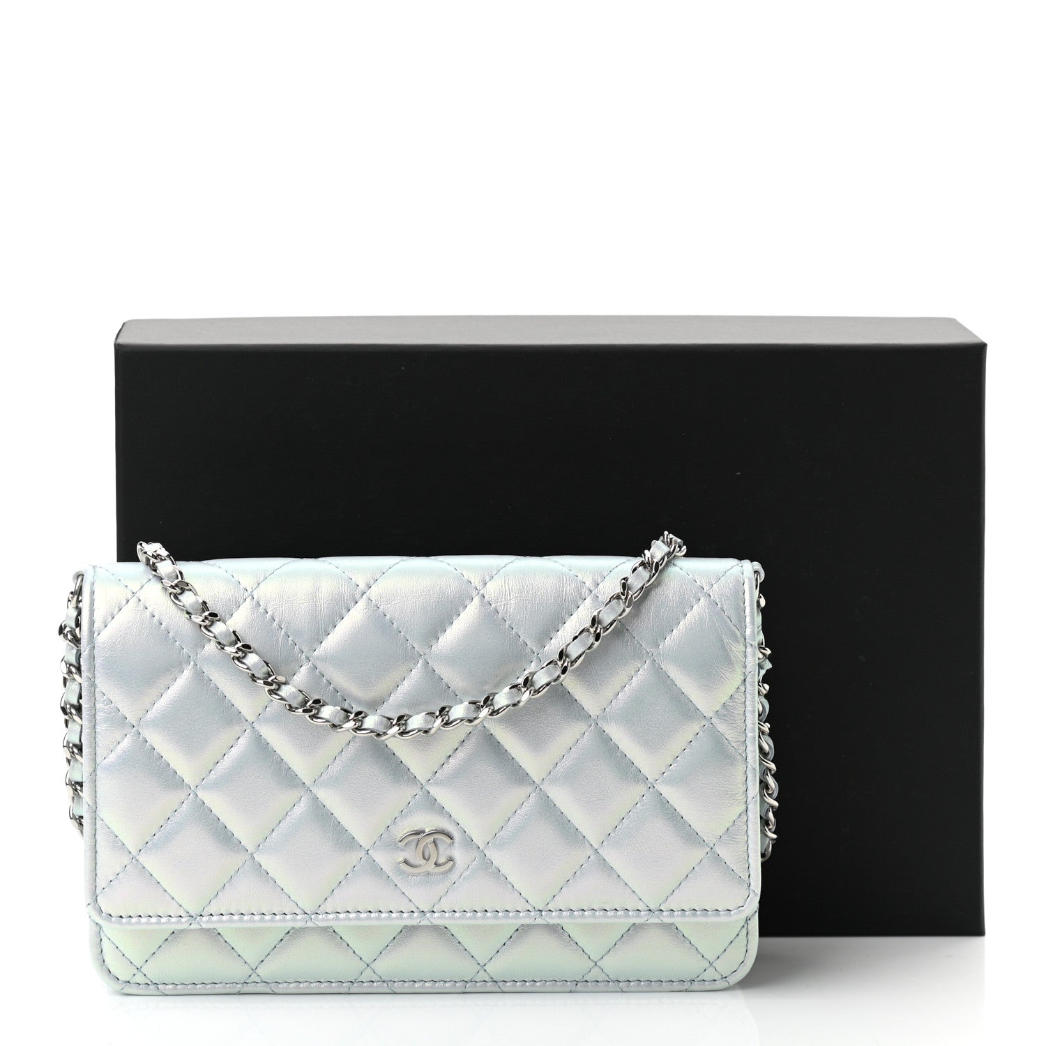 Chanel Iridescent Calfskin Quilted Wallet On Chain WOC Light Blue 12 of 12