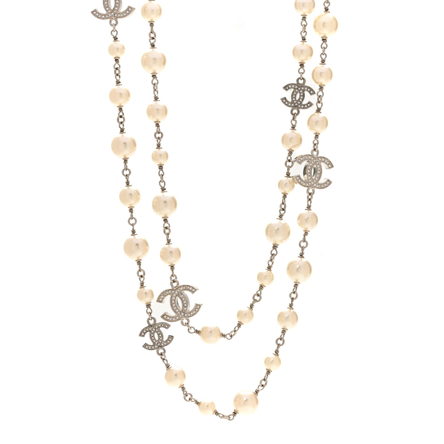 Graduated Pearl Crystal CC Long Necklace Silver