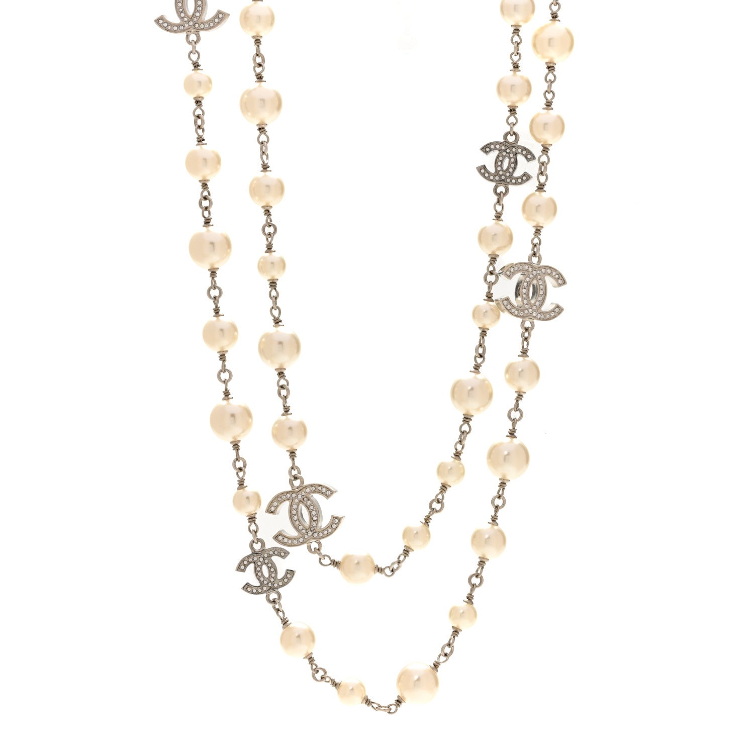 Chanel Graduated Pearl Crystal CC Long Necklace Silver 1 of 6