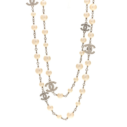Chanel Graduated Pearl Crystal CC Long Necklace Silver 1 of 6