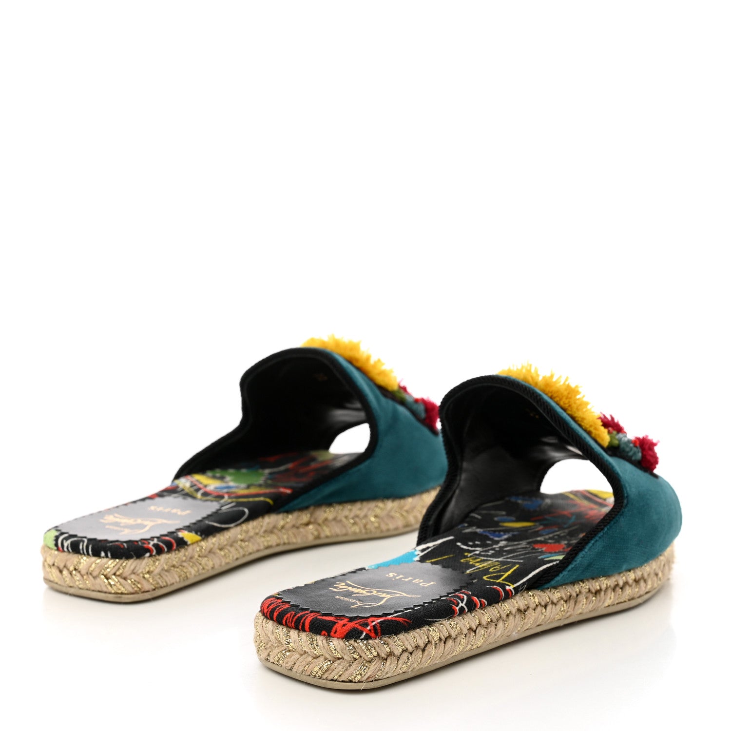 Christian Louboutin Canvas Raffia Velvet Pacha Loubi Flat Espadrilles Vers 35 Black Multicolor 4 of 9