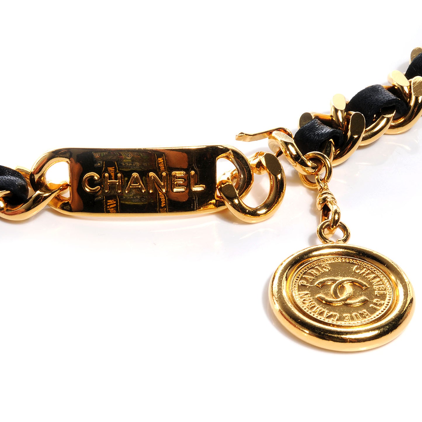 Leather Gold Chain Link Medallion Belt Black