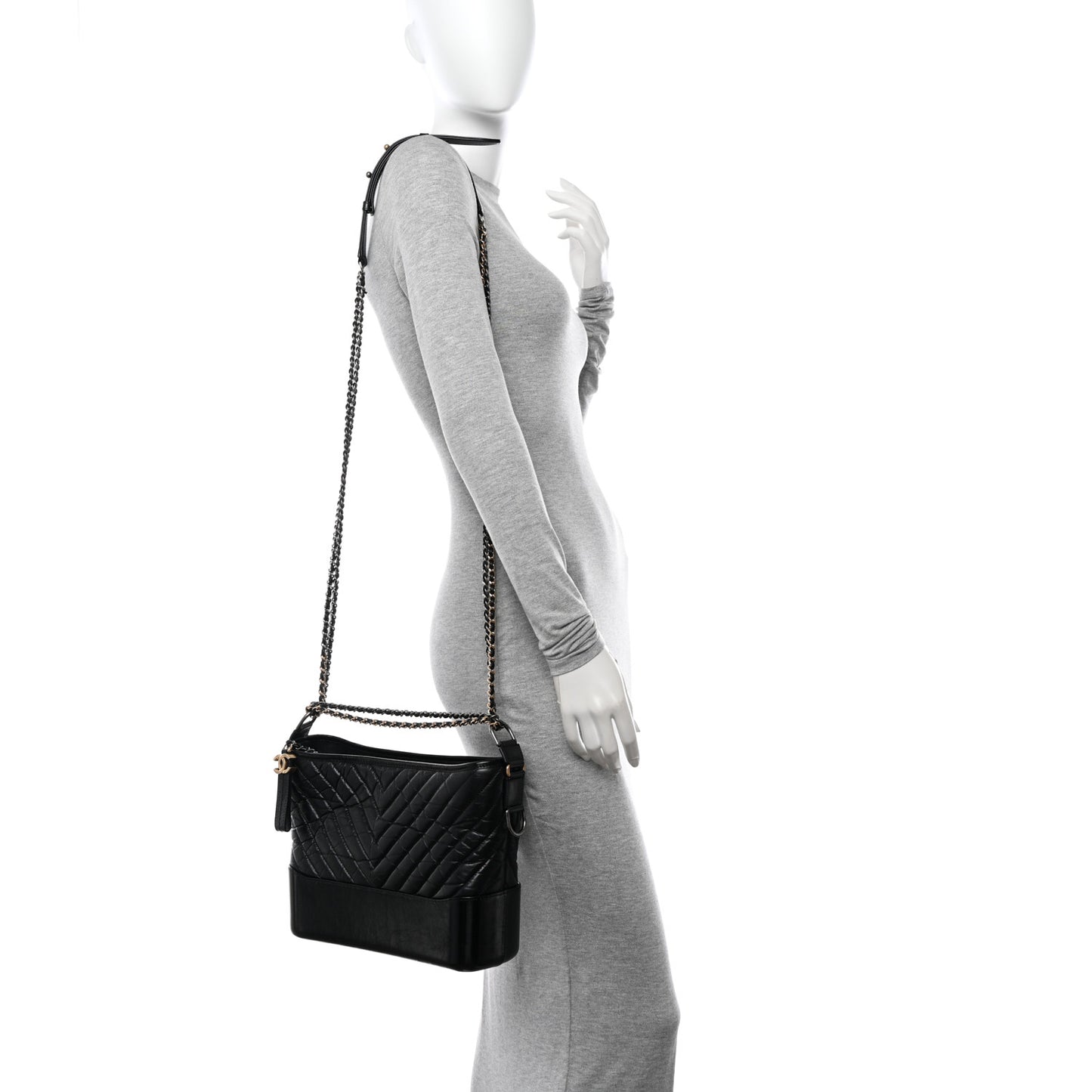 Aged Calfskin Chevron Quilted Medium Gabrielle Hobo Black